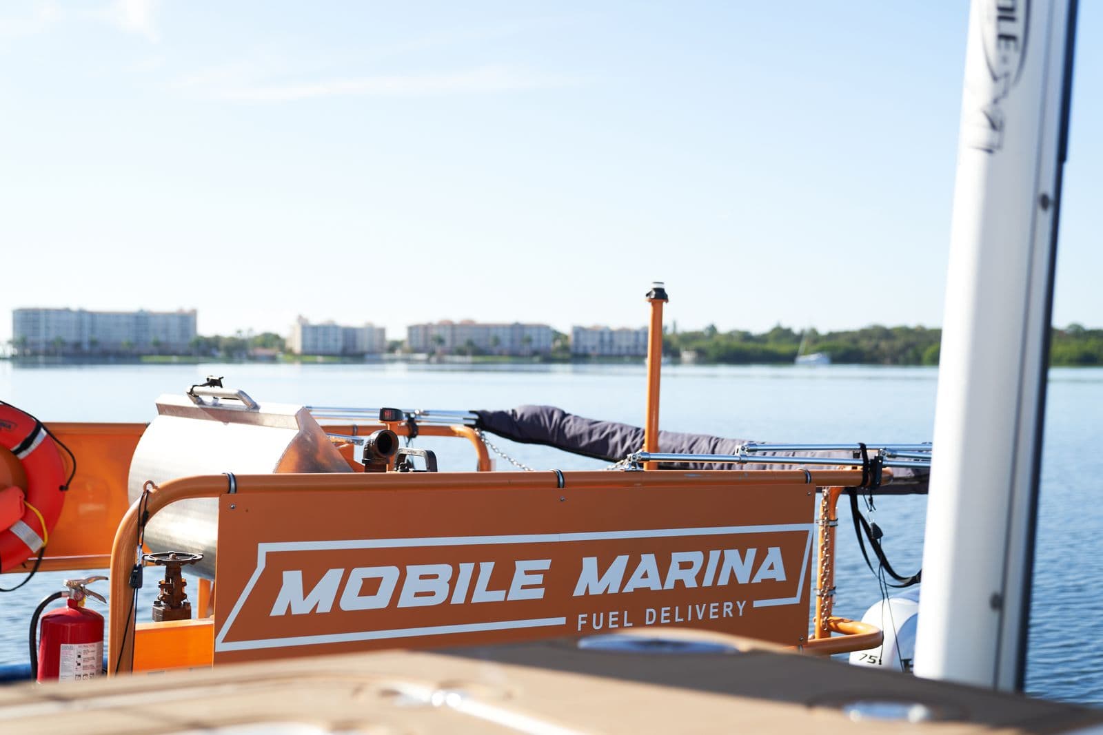 Mobile Marina fuel vessel safety equipment and fuel tank at a Tampa Bay dock