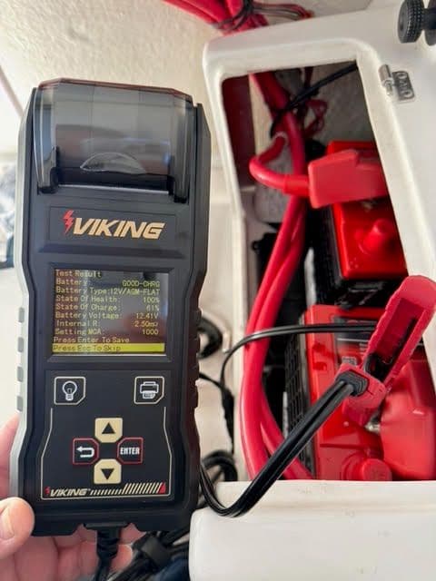 Viking battery tester printout showing the port battery health reading