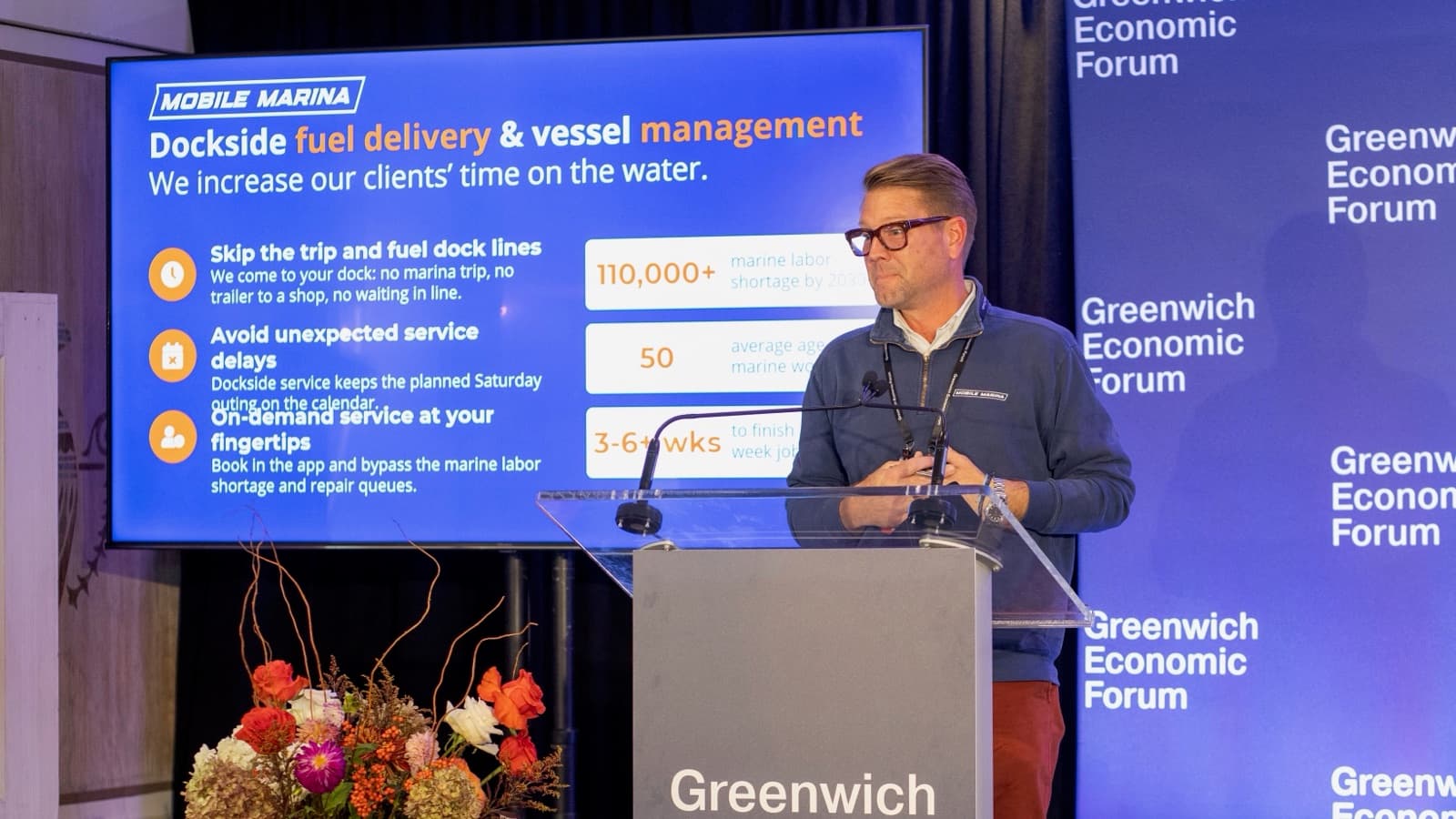 Erik Schroeder pitching Mobile Marina's dockside fuel delivery and vessel management service at the Greenwich Economic Forum